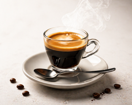 Espresso shot with crema on saucer in warm cafe setting – Midnight Cafe Port Moody BC