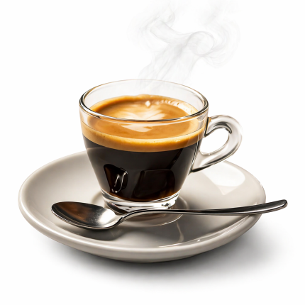 Espresso shot in glass cup on white background – Midnight Cafe Port Moody BC